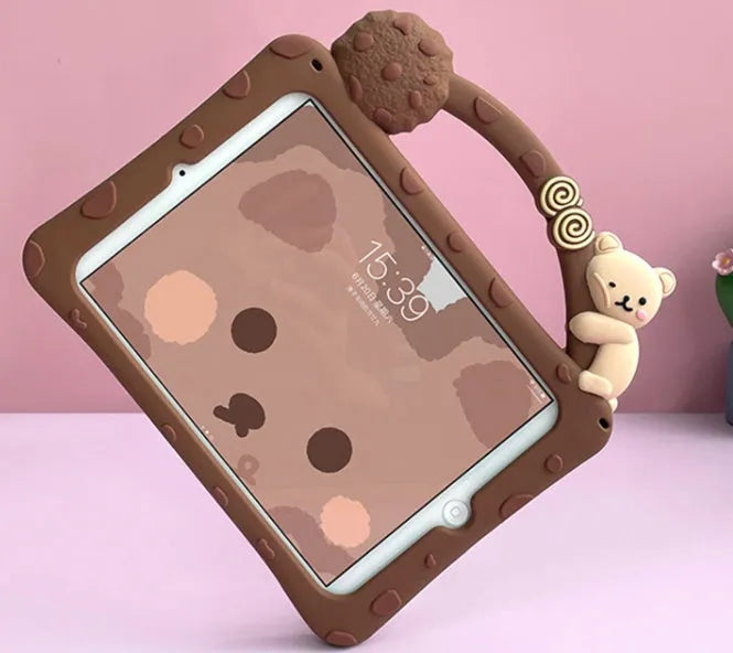Brown cartoon silicone tablet sleeve with a built-in bracket for iPad and iPad Pro.