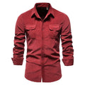 Men's long sleeve linen shirt shown in Denim Blue colour, also available in Army Green, White, Navy Blue, Red, and four other colours.