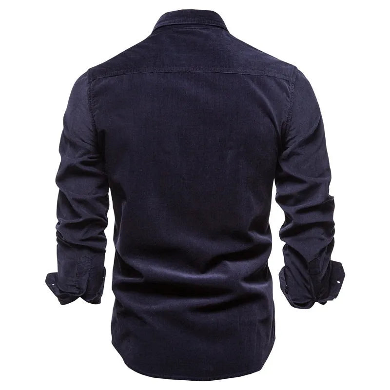 Men's long sleeve linen shirt shown in Denim Blue colour, also available in Army Green, White, Navy Blue, Red, and four other colours.