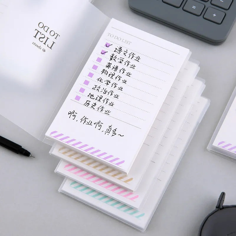 Yellow, green, and purple A6 tearable notebooks with frosted PP covers, showing size of 13 by 8 cm
