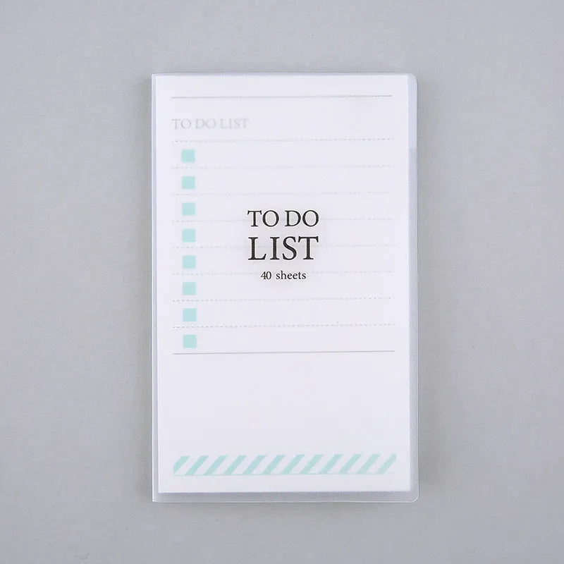 Yellow, green, and purple A6 tearable notebooks with frosted PP covers, showing size of 13 by 8 cm