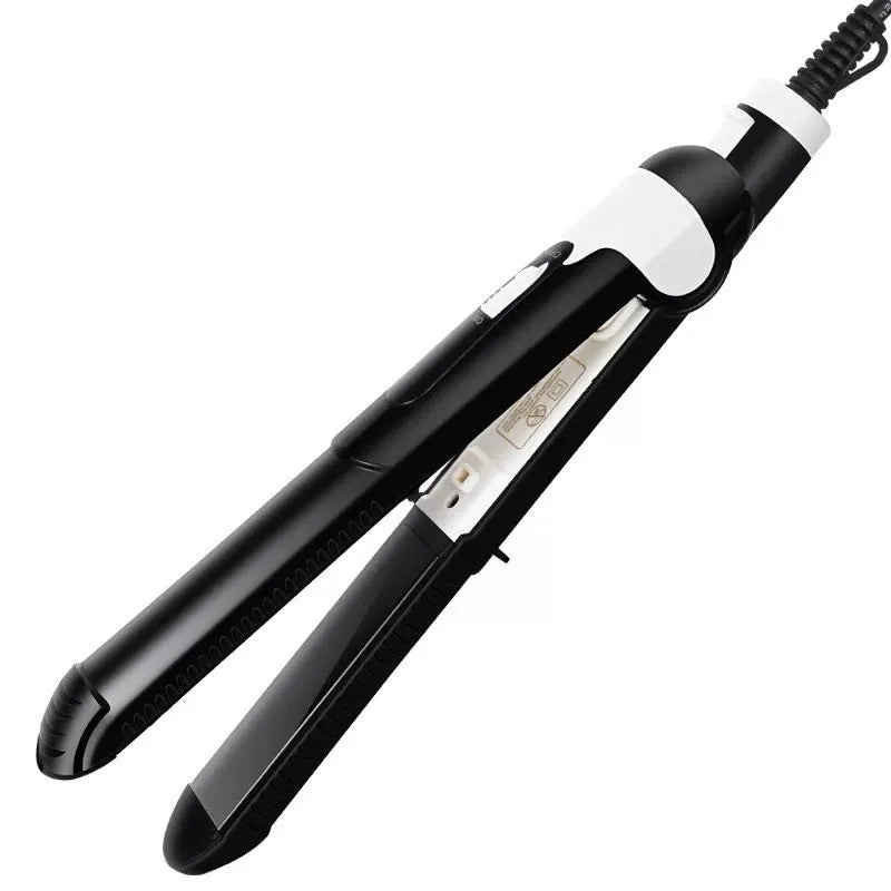 Black dual-purpose hair straightener and curling iron with tourmaline ceramic heat conductor and temperature control