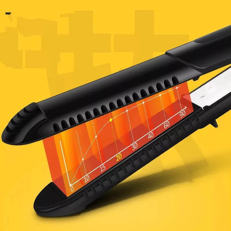 Black dual-purpose hair straightener and curling iron with tourmaline ceramic heat conductor and temperature control