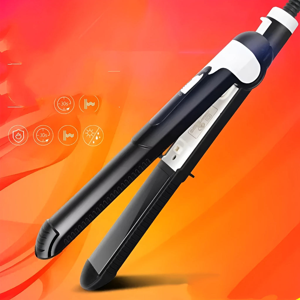 Black dual-purpose hair straightener and curling iron with tourmaline ceramic heat conductor and temperature control