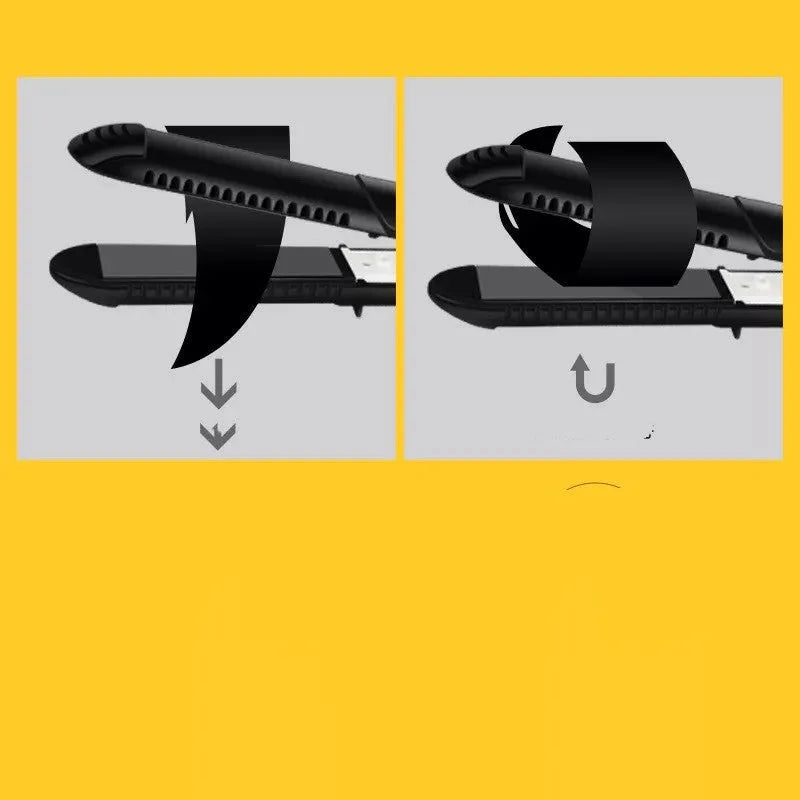 Black dual-purpose hair straightener and curling iron with tourmaline ceramic heat conductor and temperature control