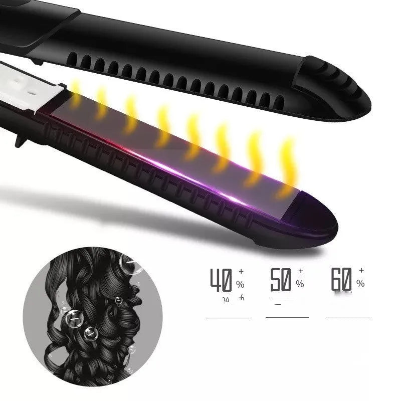 Black dual-purpose hair straightener and curling iron with tourmaline ceramic heat conductor and temperature control