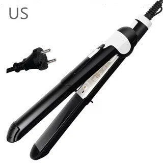 Black dual-purpose hair straightener and curling iron with tourmaline ceramic heat conductor and temperature control