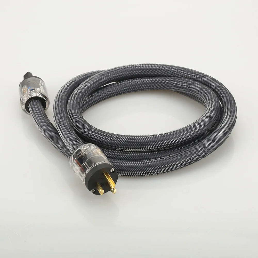 Hi-fi audio power cord with pure copper conductors, showing EU and US plug options.