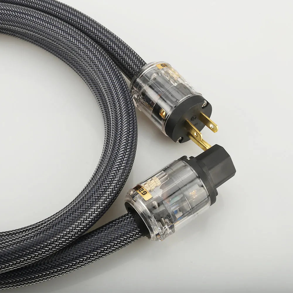 Hi-fi audio power cord with pure copper conductors, showing EU and US plug options.