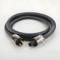 Hi-fi audio power cord with pure copper conductors, showing EU and US plug options.
