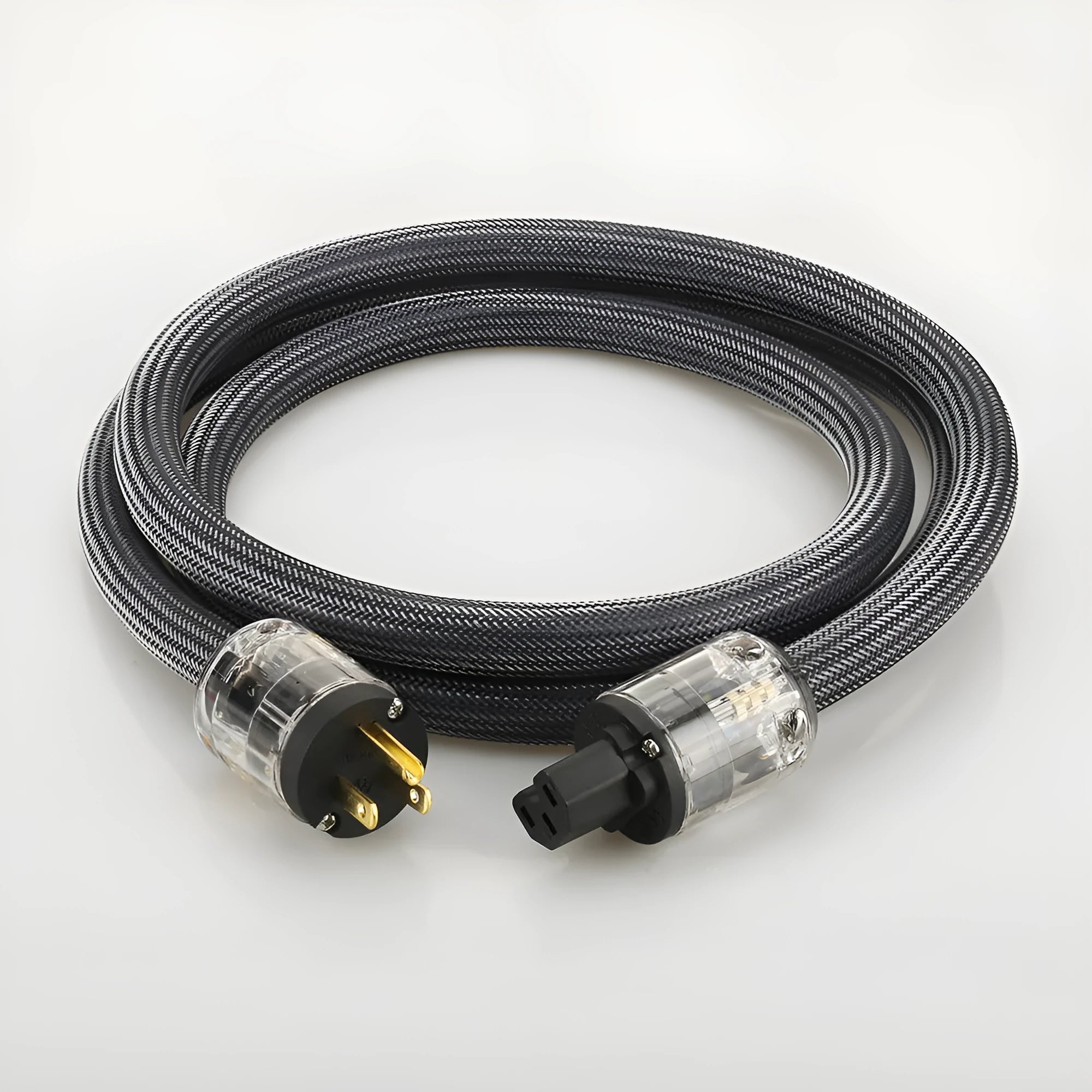 Hi-fi audio power cord with pure copper conductors, showing EU and US plug options.