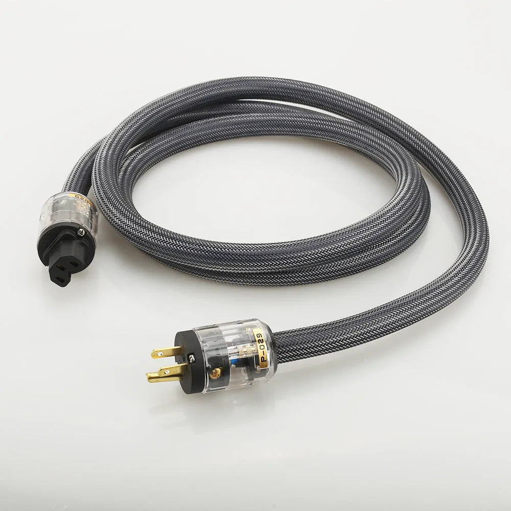 Hi-fi audio power cord with pure copper conductors, showing EU and US plug options.