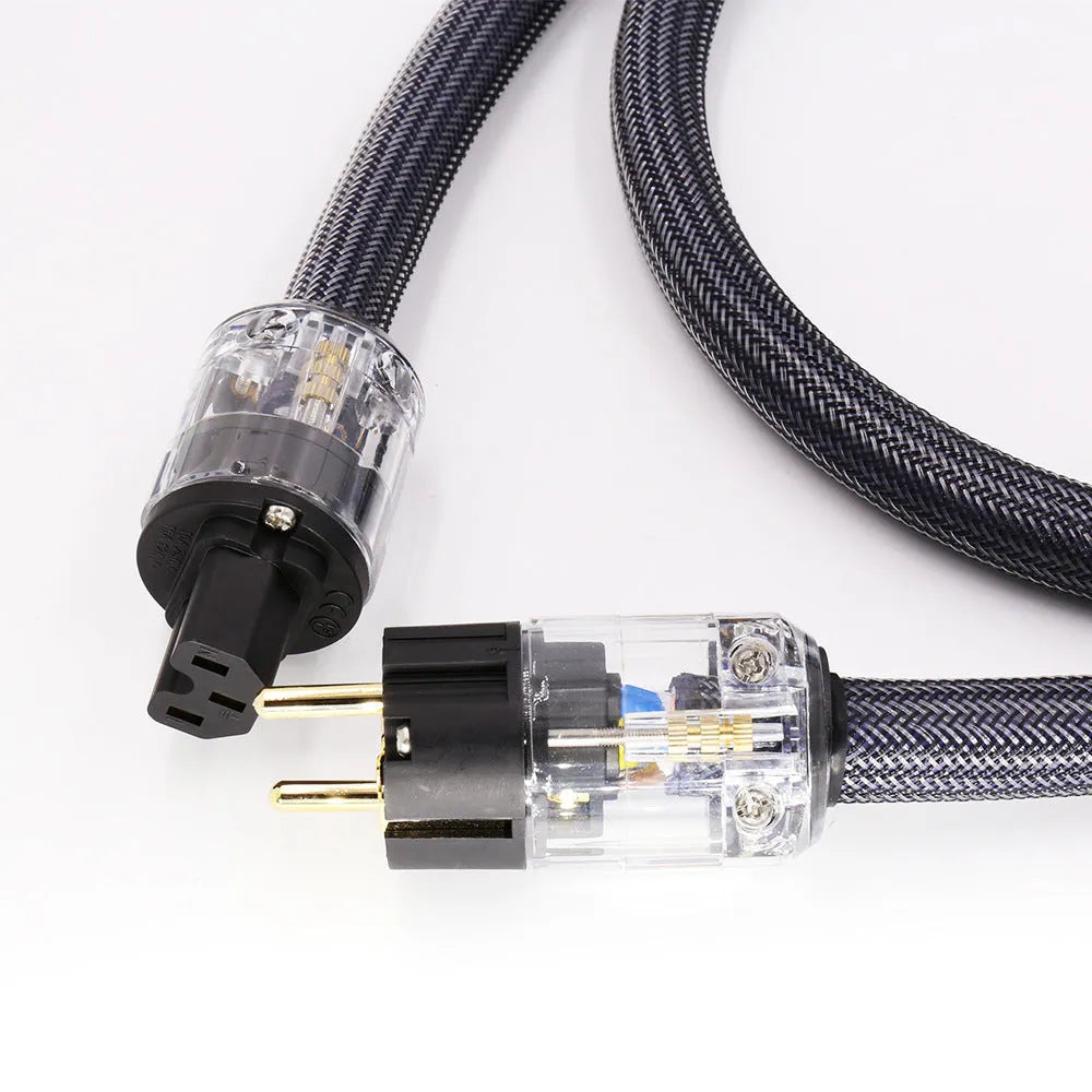 Hi-fi audio power cord with pure copper conductors, showing EU and US plug options.