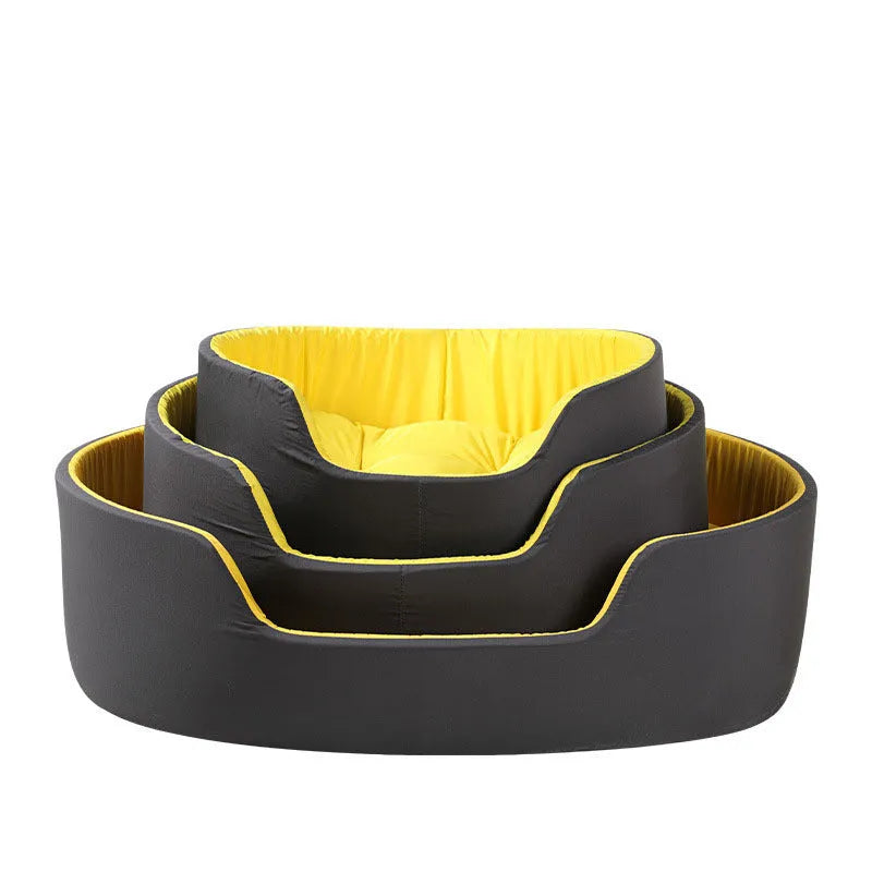 Washable cloth winter pet kennel for cats and dogs in black or green, shown in small, medium, and large sizes.