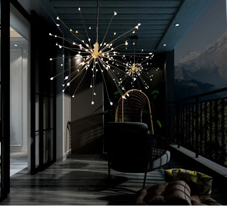 Solar-powered LED meteor shower string lights creating starry explosion effect in warm white colour