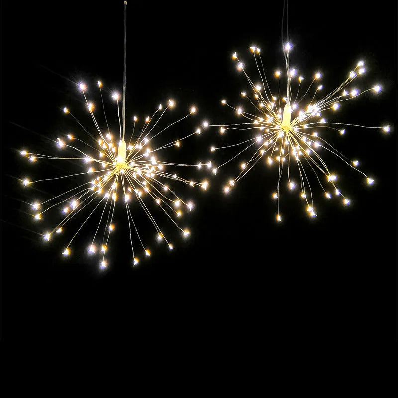 Solar-powered LED meteor shower string lights creating starry explosion effect in warm white colour