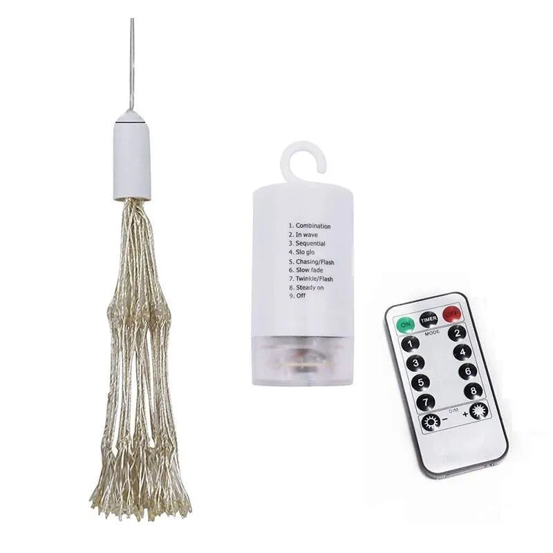 Solar-powered LED meteor shower string lights creating starry explosion effect in warm white colour