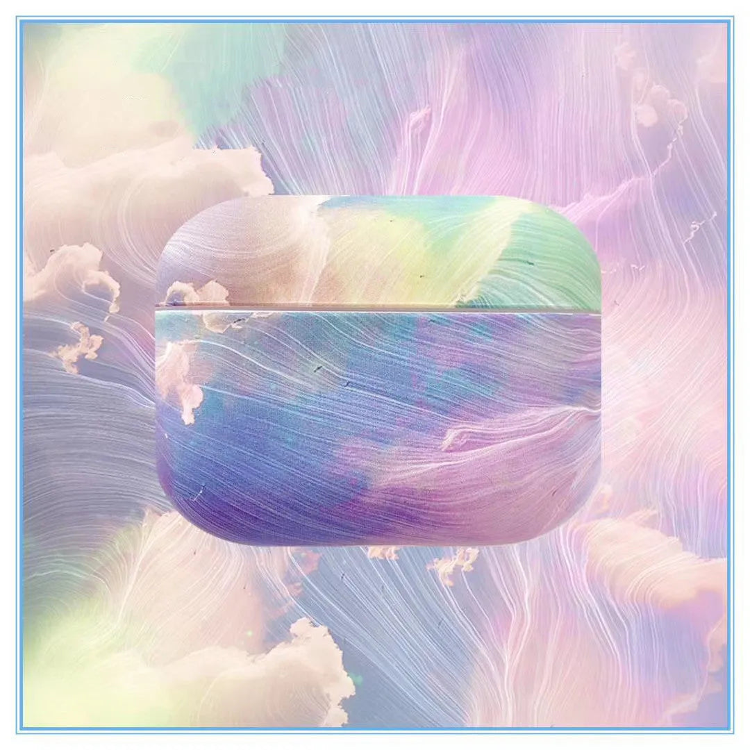 Hard plastic protective sleeve for Apple AirPods in pink and blue watercolour designs.