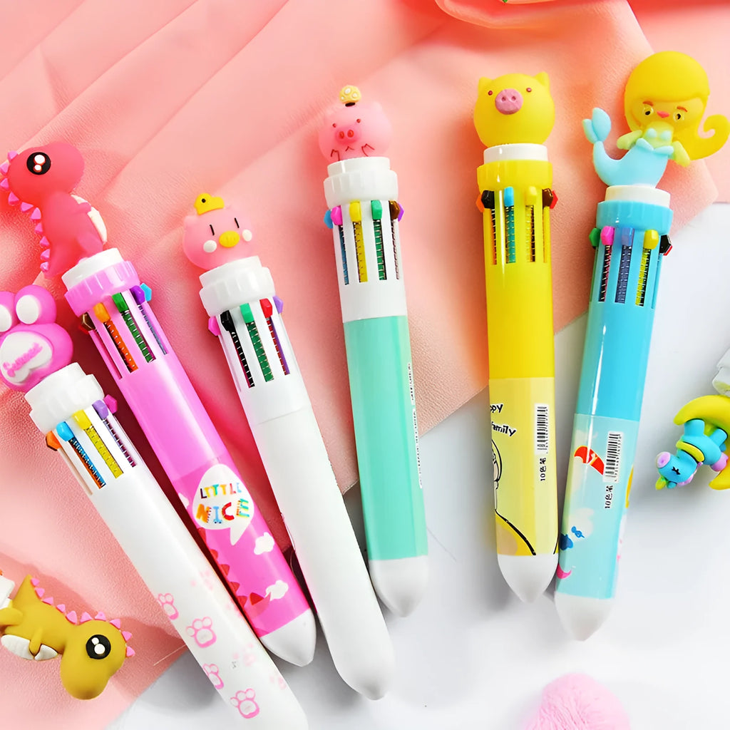 Girly heart cartoon multicolor press ballpoint pen with plastic shell and cartoon telescopic design