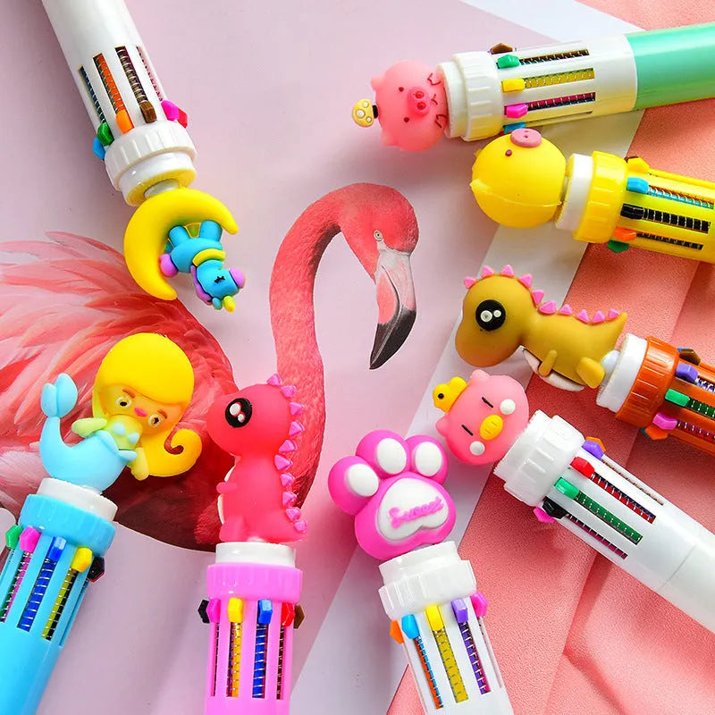 Girly heart cartoon multicolor press ballpoint pen with plastic shell and cartoon telescopic design