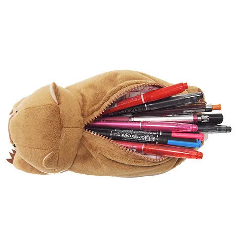 Cartoon animal wombat family plush pencil case in brown colour
