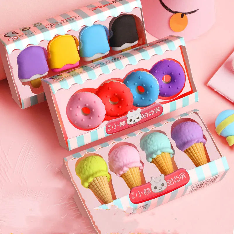 Assortment of 12 colourful cartoon erasers shaped like ice cream, lollipops, doughnuts, and cones for children.