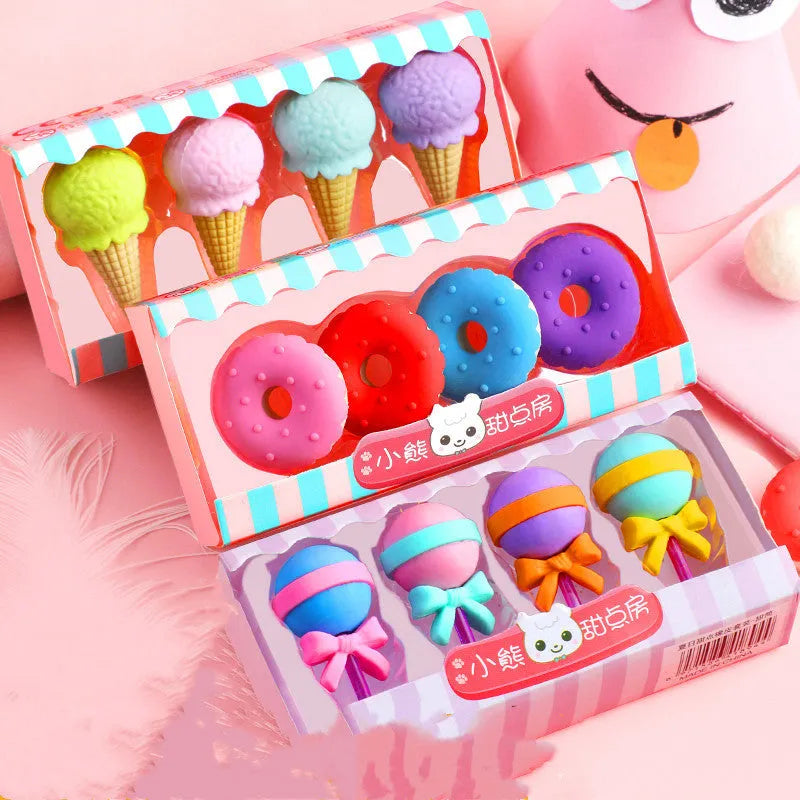 Assortment of 12 colourful cartoon erasers shaped like ice cream, lollipops, doughnuts, and cones for children.