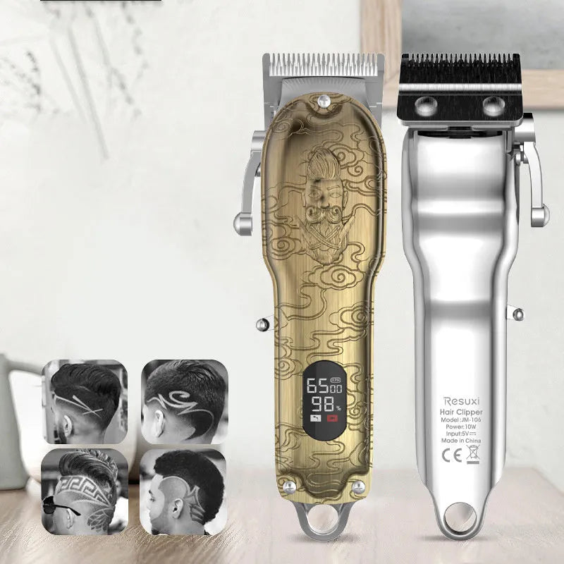 Gold clipper LCD digital display hair clipper with all-metal body and stainless steel blade on black background