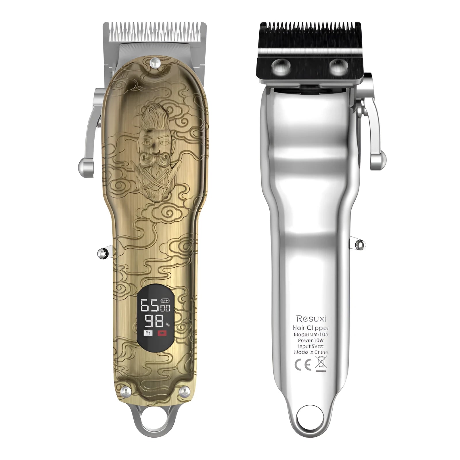 Gold clipper LCD digital display hair clipper with all-metal body and stainless steel blade on black background