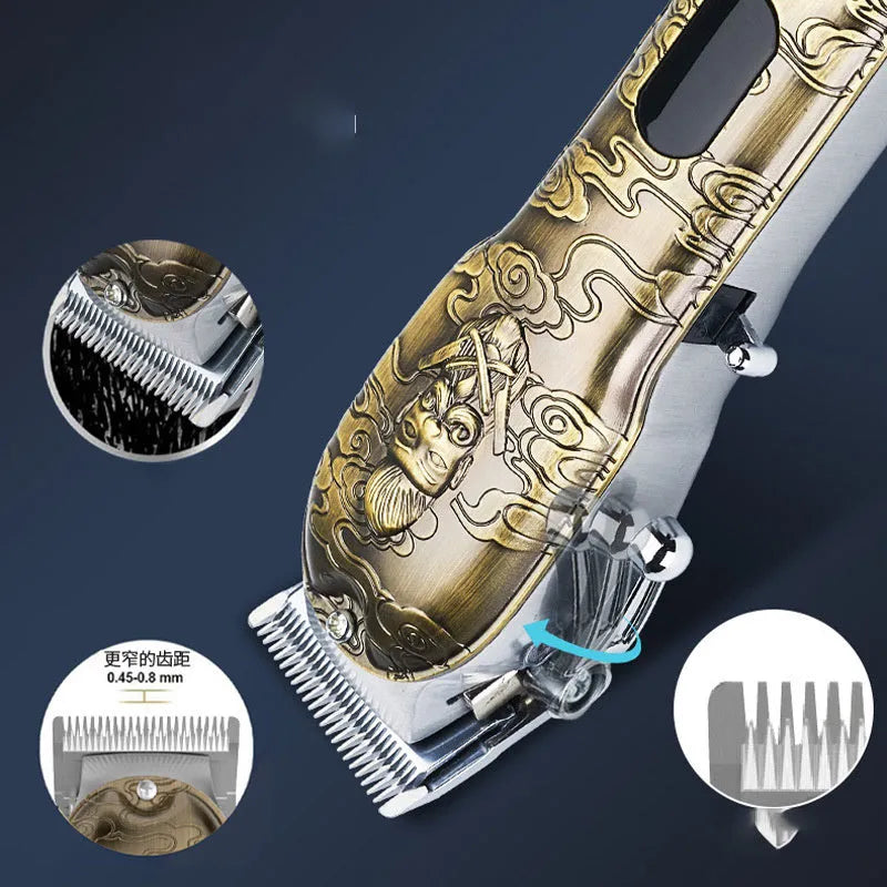 Gold clipper LCD digital display hair clipper with all-metal body and stainless steel blade on black background