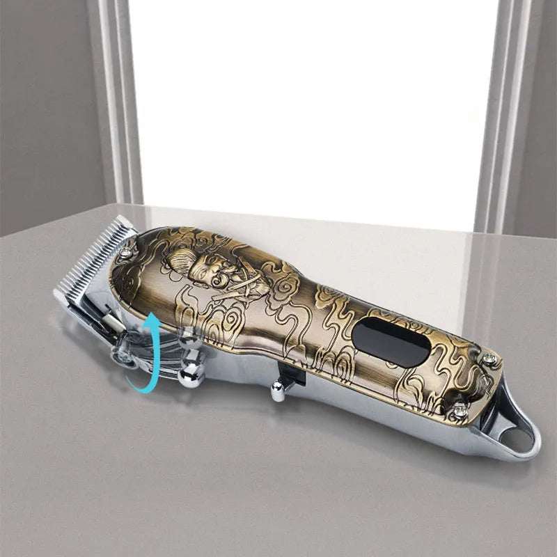 Gold clipper LCD digital display hair clipper with all-metal body and stainless steel blade on black background