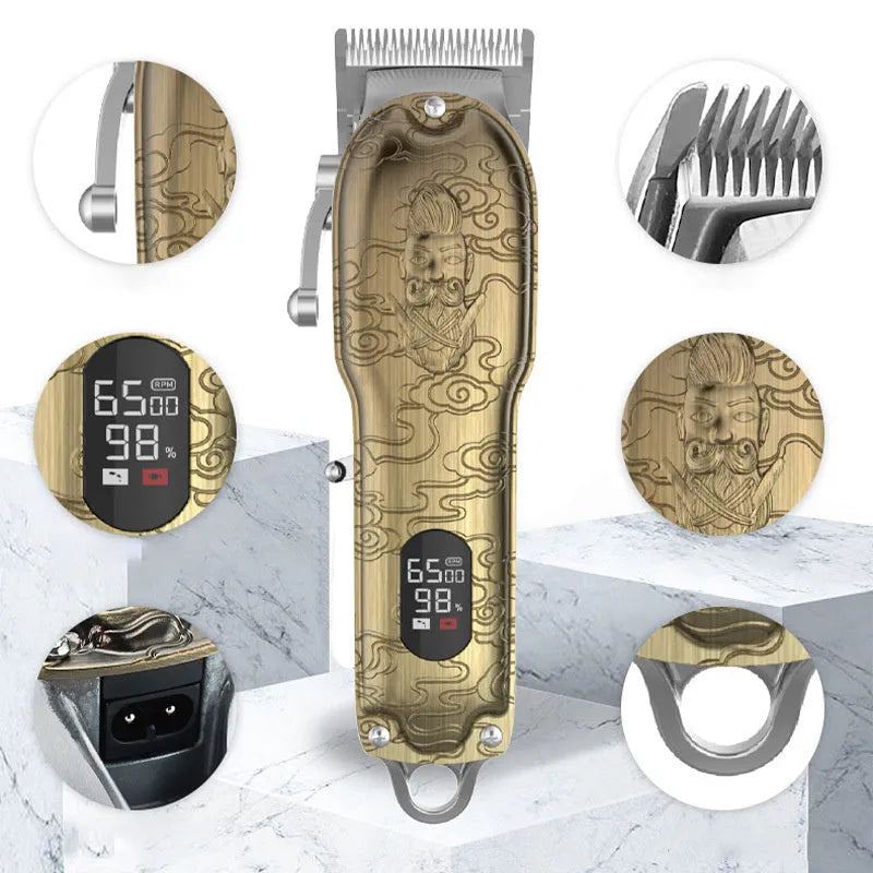 Gold clipper LCD digital display hair clipper with all-metal body and stainless steel blade on black background