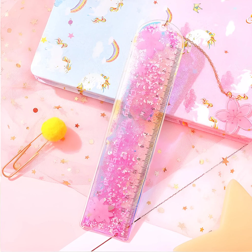 15cm clear plastic ruler with laser-cut heart design, shown in pink Cherry Blossom colour on white background.