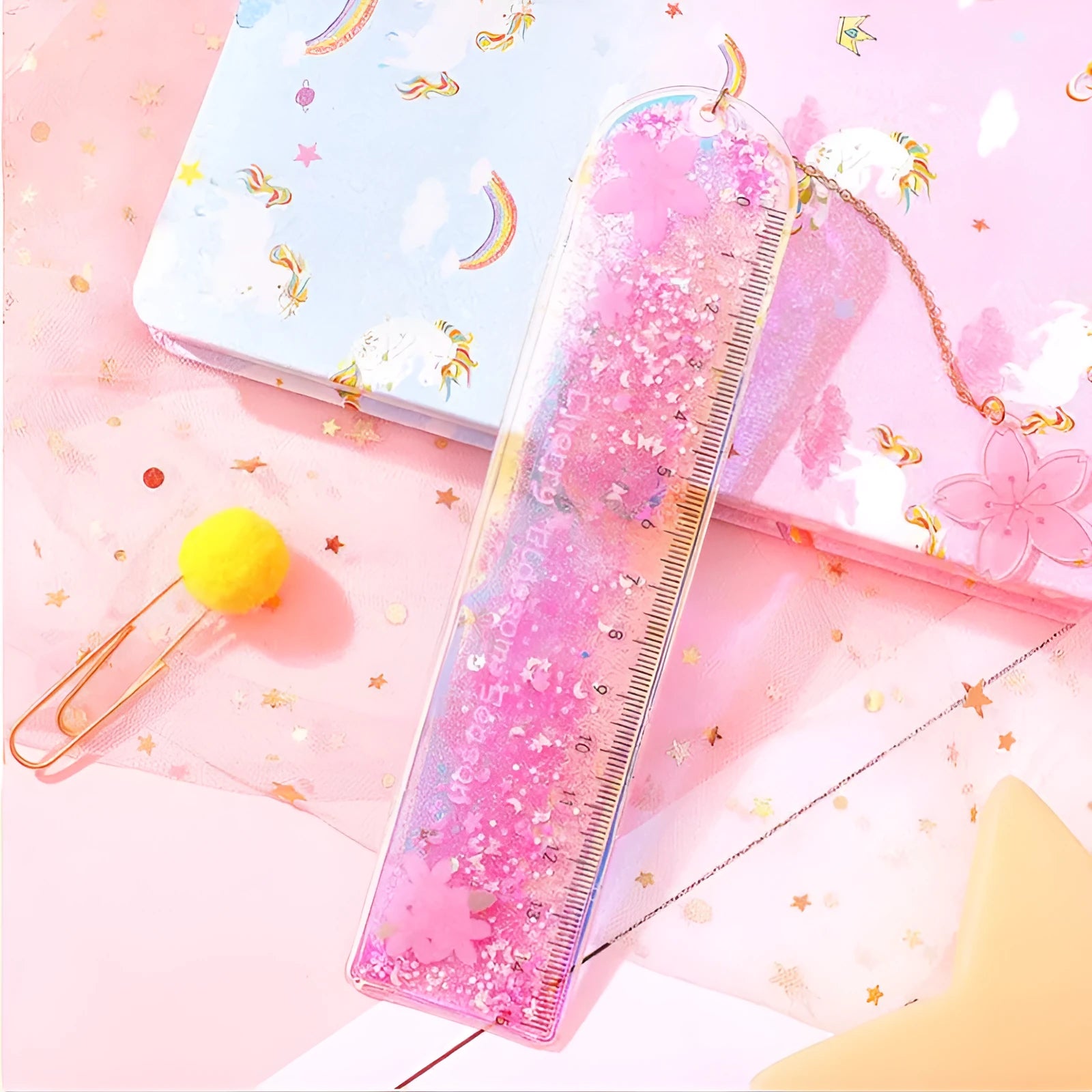 15cm clear plastic ruler with laser-cut heart design, shown in pink Cherry Blossom colour on white background.