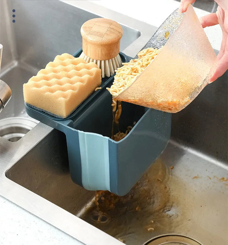 Foldable plastic sink drain basket with suction cup in grey, blue, and pink colour options