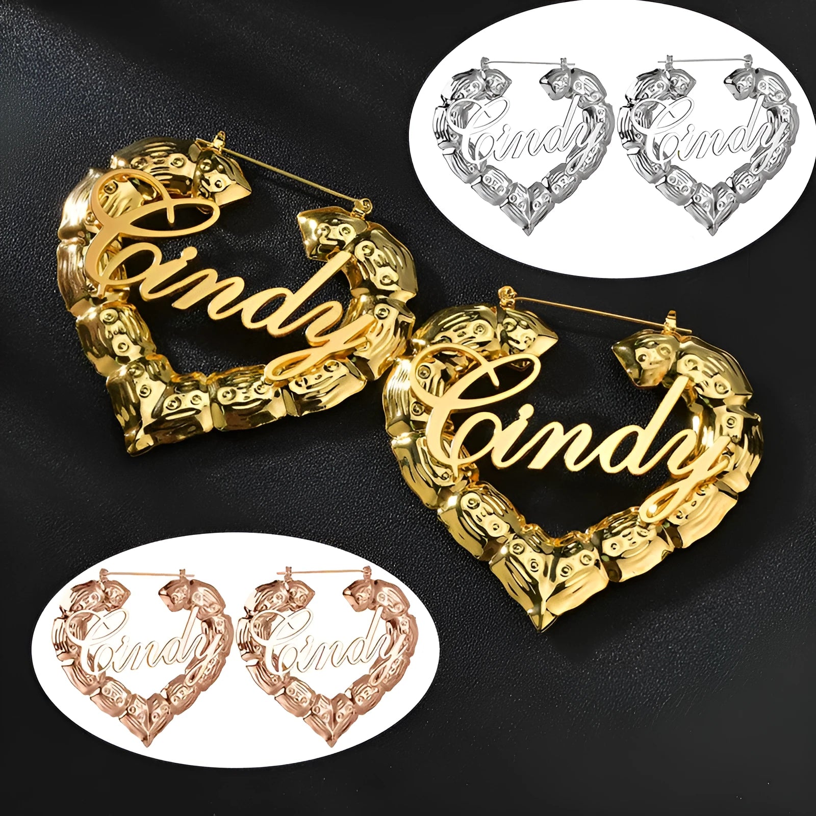 Personalised letter dangle hoop earrings in gold stainless steel with nameplate 50mm size
