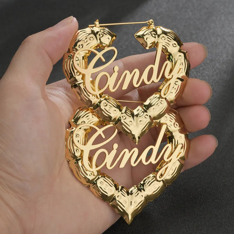 Personalised letter dangle hoop earrings in gold stainless steel with nameplate 50mm size