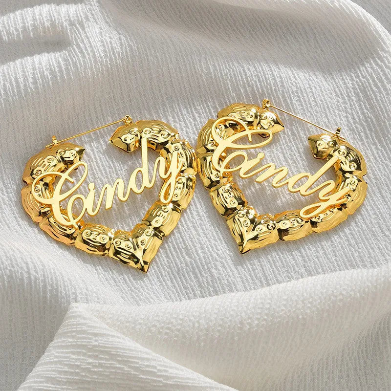 Personalised letter dangle hoop earrings in gold stainless steel with nameplate 50mm size
