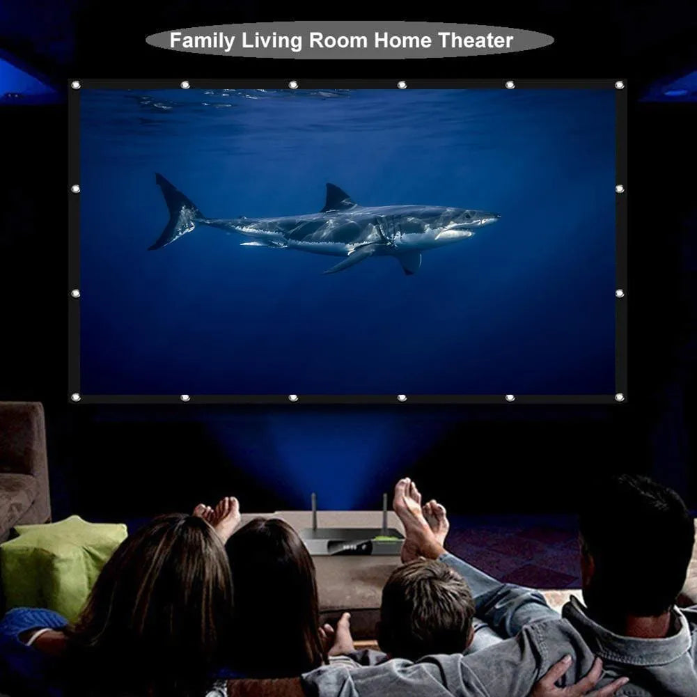 White 150-inch portable folding projector screen on a stand.