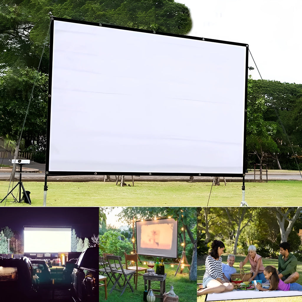 White 150-inch portable folding projector screen on a stand.