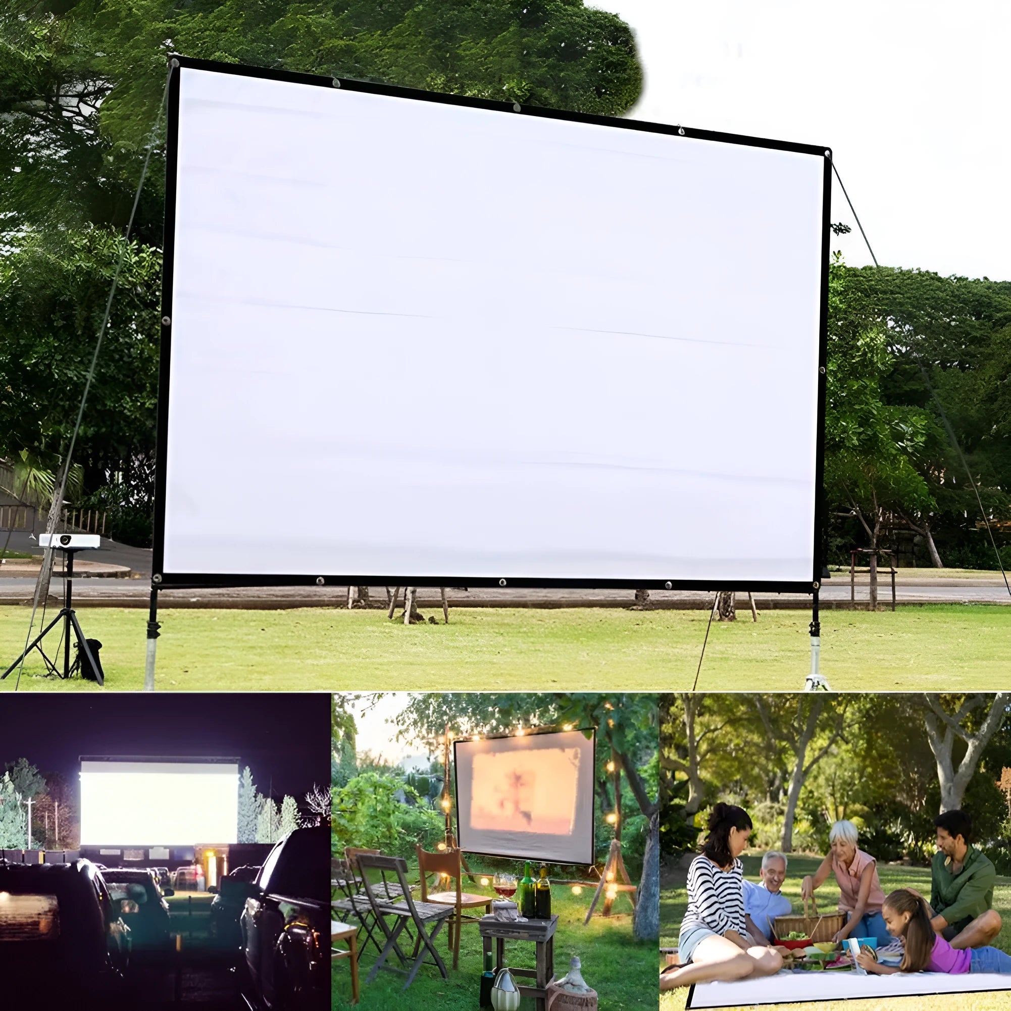 White 150-inch portable folding projector screen on a stand.