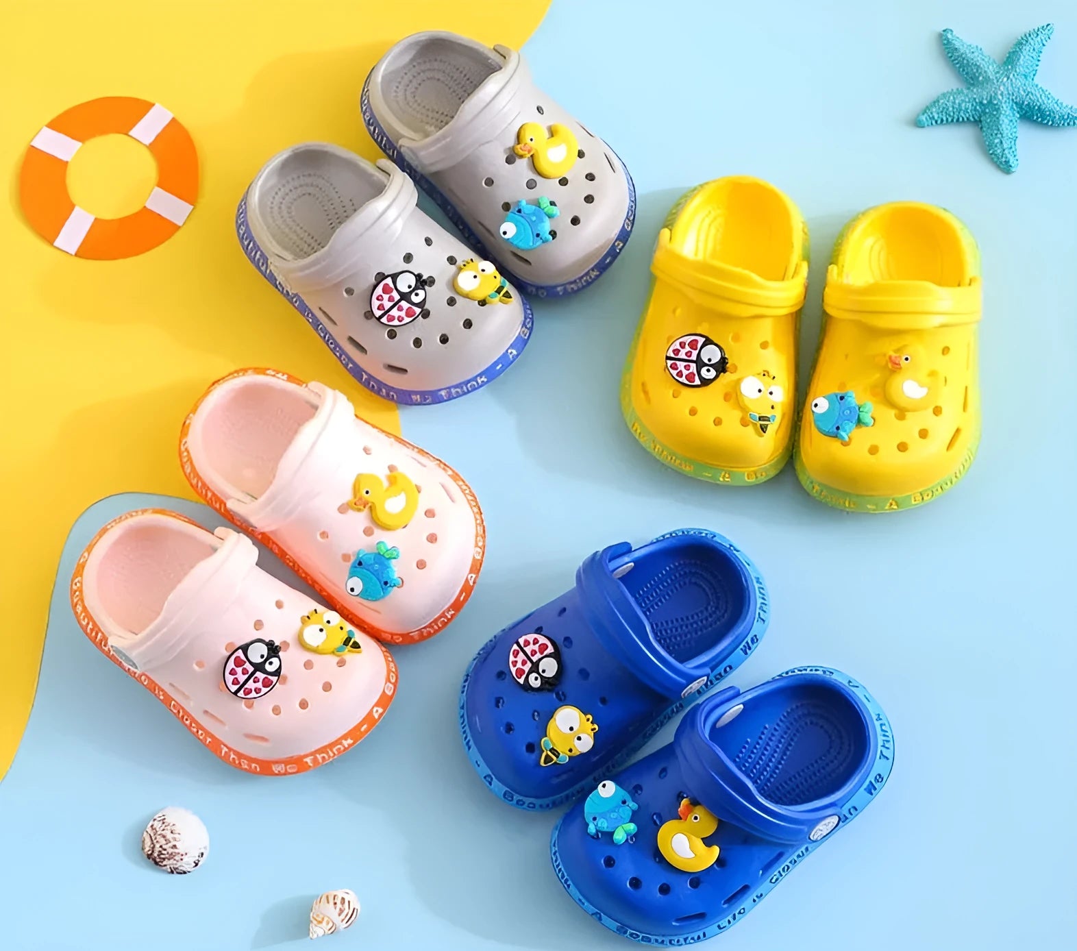 Children's PVC porous cartoon slippers with animal prints in yellow, blue, pink colours
