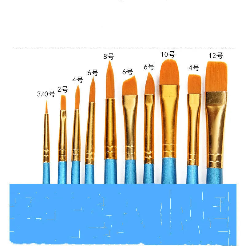 10 gouache brushes with 20 cm wooden handles in blue packaging for oil painting and watercolour