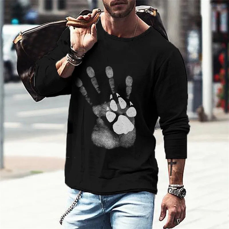 Grey loose fit long sleeve T-shirt with round neck and letter pattern, sizes M to XXXL