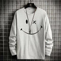 Grey loose fit long sleeve T-shirt with round neck and letter pattern, sizes M to XXXL