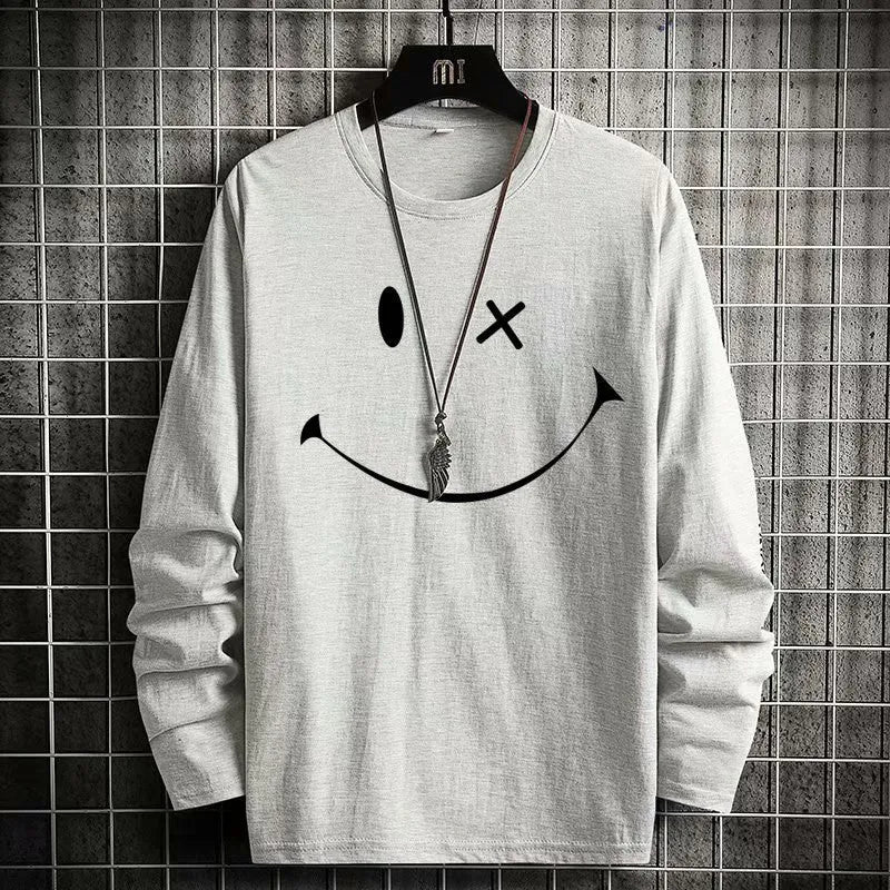 Grey loose fit long sleeve T-shirt with round neck and letter pattern, sizes M to XXXL