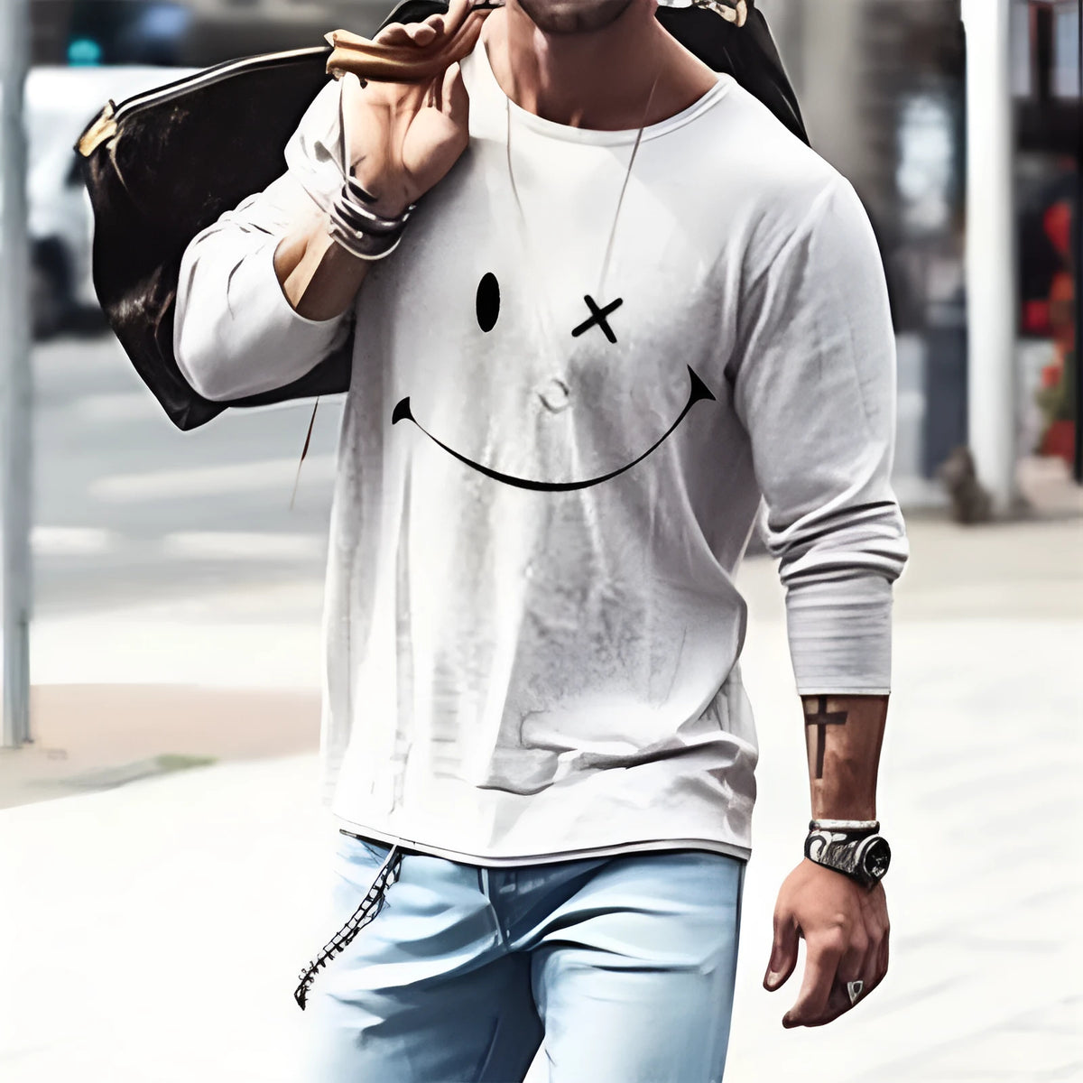 Grey loose fit long sleeve T-shirt with round neck and letter pattern, sizes M to XXXL