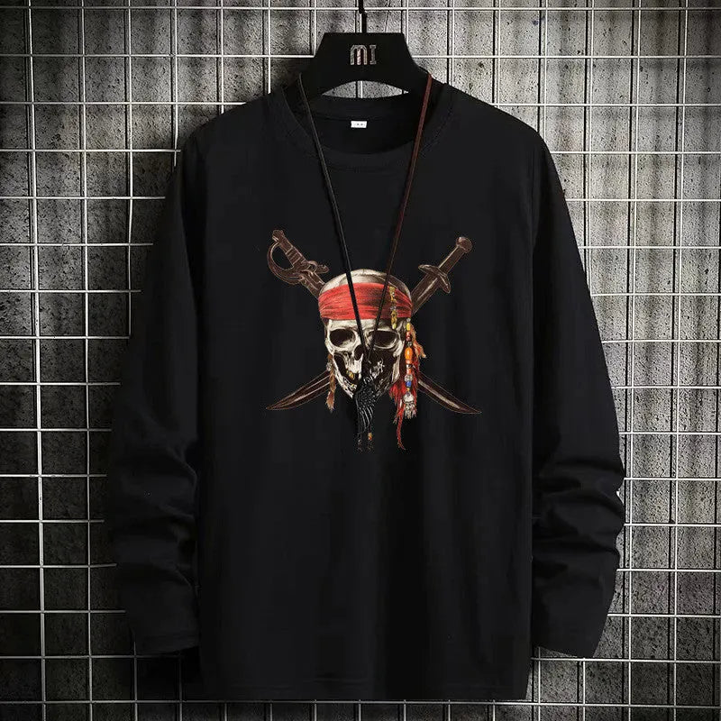 Grey loose fit long sleeve T-shirt with round neck and letter pattern, sizes M to XXXL