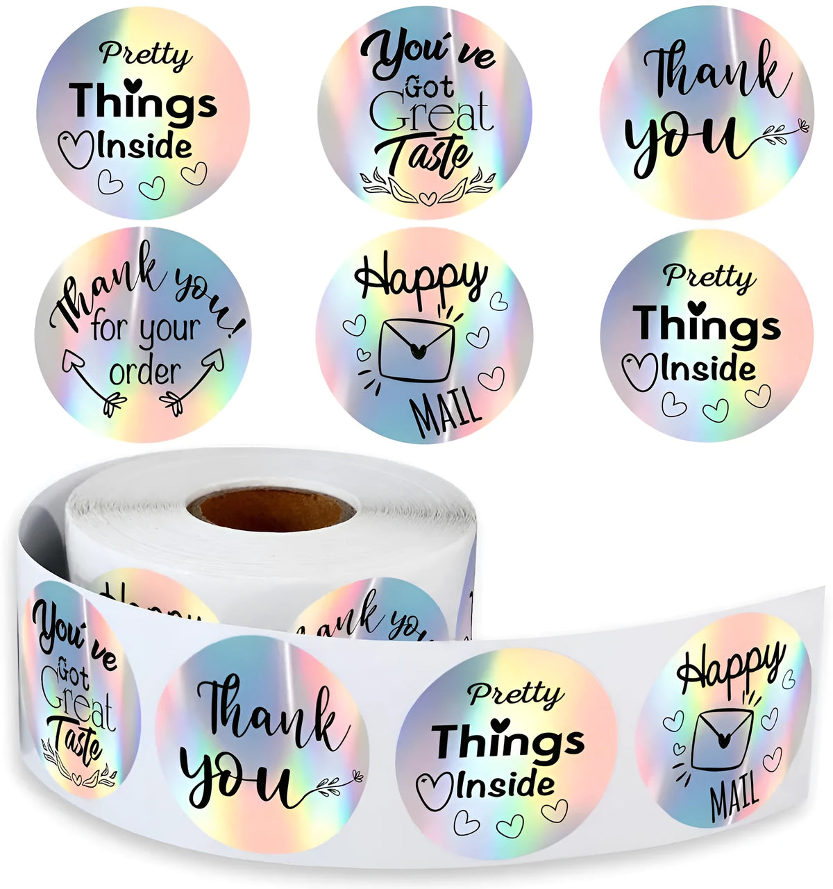 Roll of round rainbow laser sticker labels on paper backing, 2.5 cm diameter