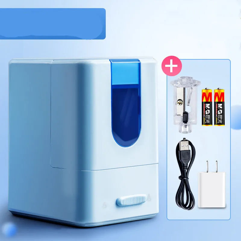 Chenguang electric pencil sharpener in white with spare knife holder, power cord and two Toshiba batteries on a desk